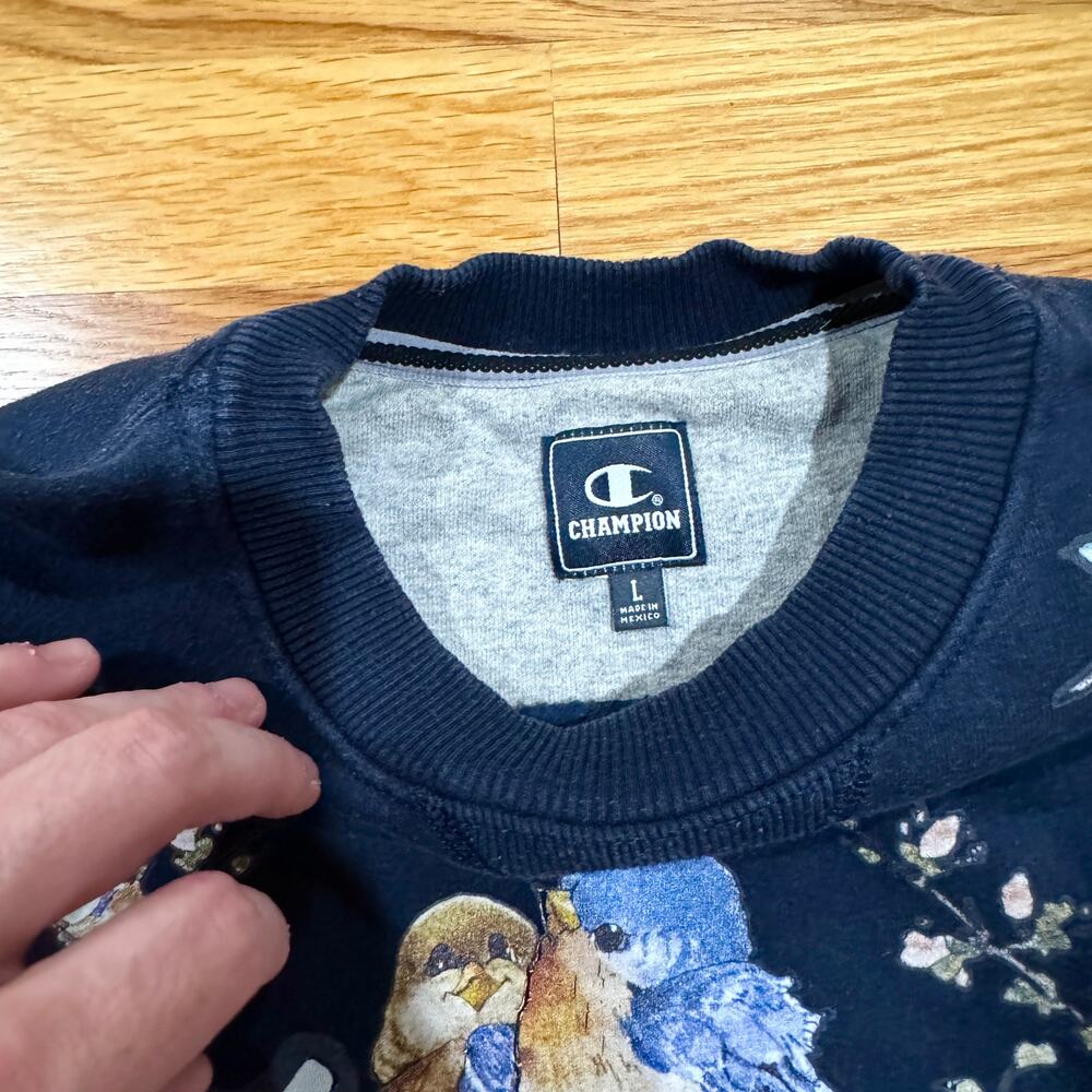 Vintage Champion Sweatshirt Birds & Flowers Graphic Print Womens Large Navy - Picture 2 of 3
